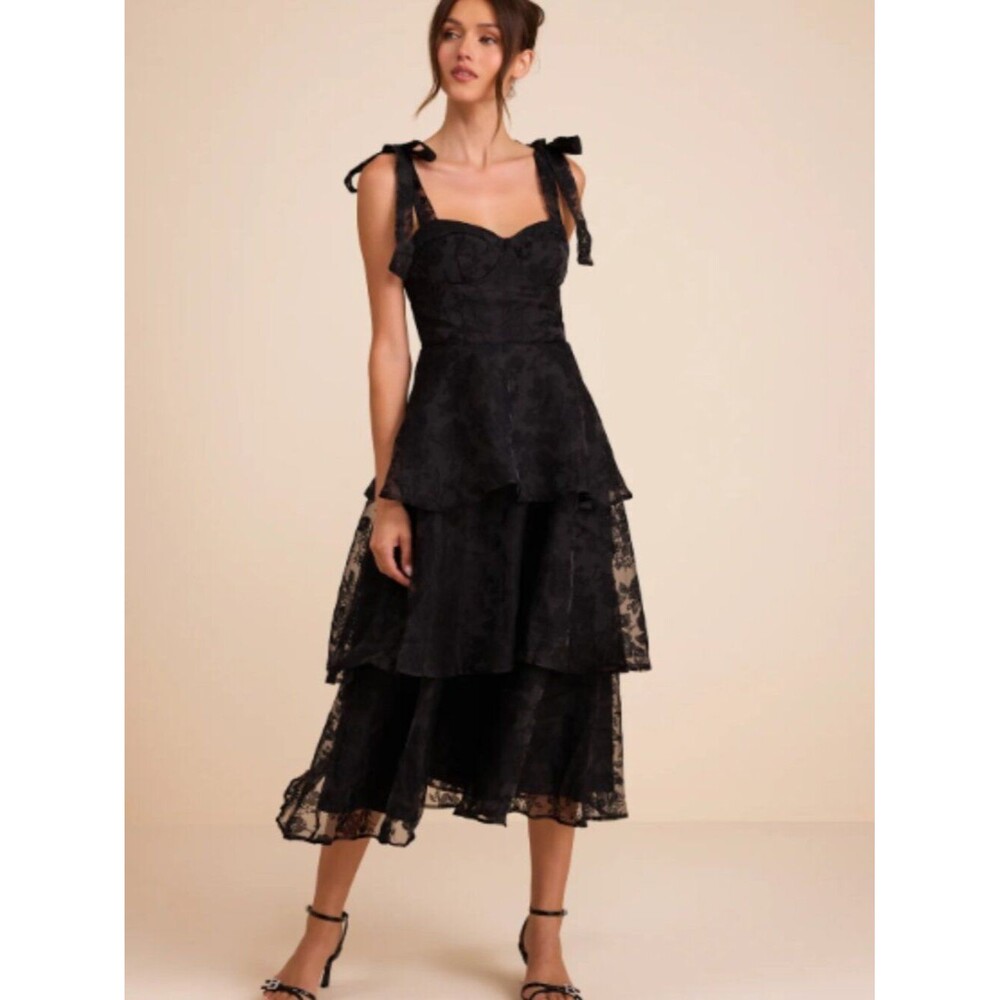 Lulus Glamorous Sweetie Midi Dress NWT Women L Black Burnout Bustier Tiered Dres